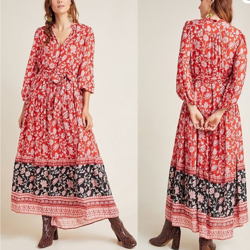 Anthropologie Red and Black Floral Maxi Dress